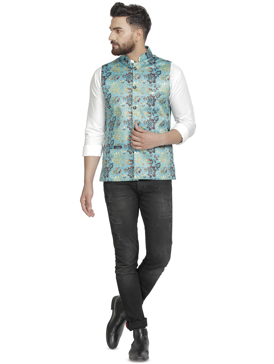 light blue floral printed nehru jacket - 16712152 - Zoom Image - 4