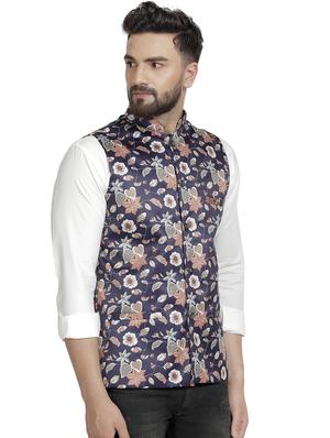 navy blue floral printed nehru jacket - 16712154 - Standard Image - 2