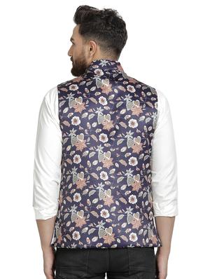 navy blue floral printed nehru jacket - 16712154 - Standard Image - 3