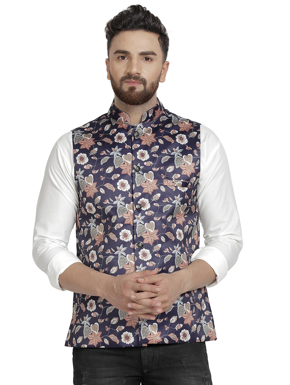 navy blue floral printed nehru jacket - 16712154 - Zoom Image - 1