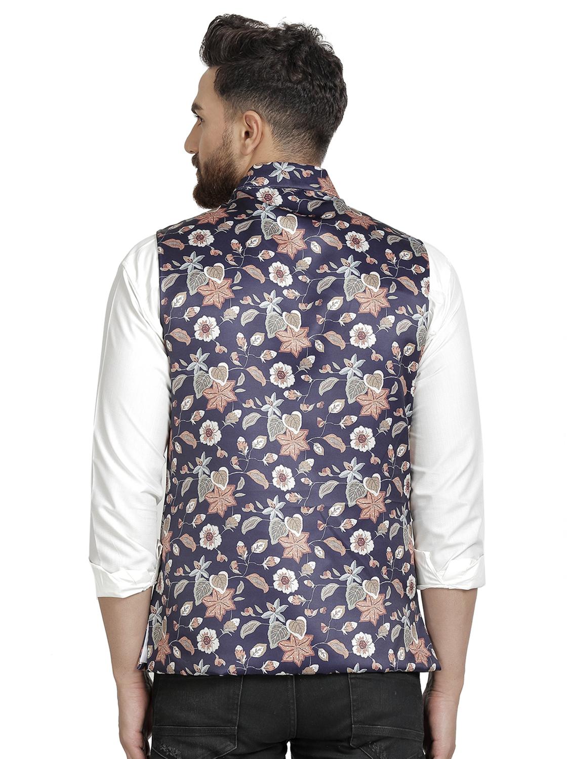 navy blue floral printed nehru jacket - 16712154 - Zoom Image - 3