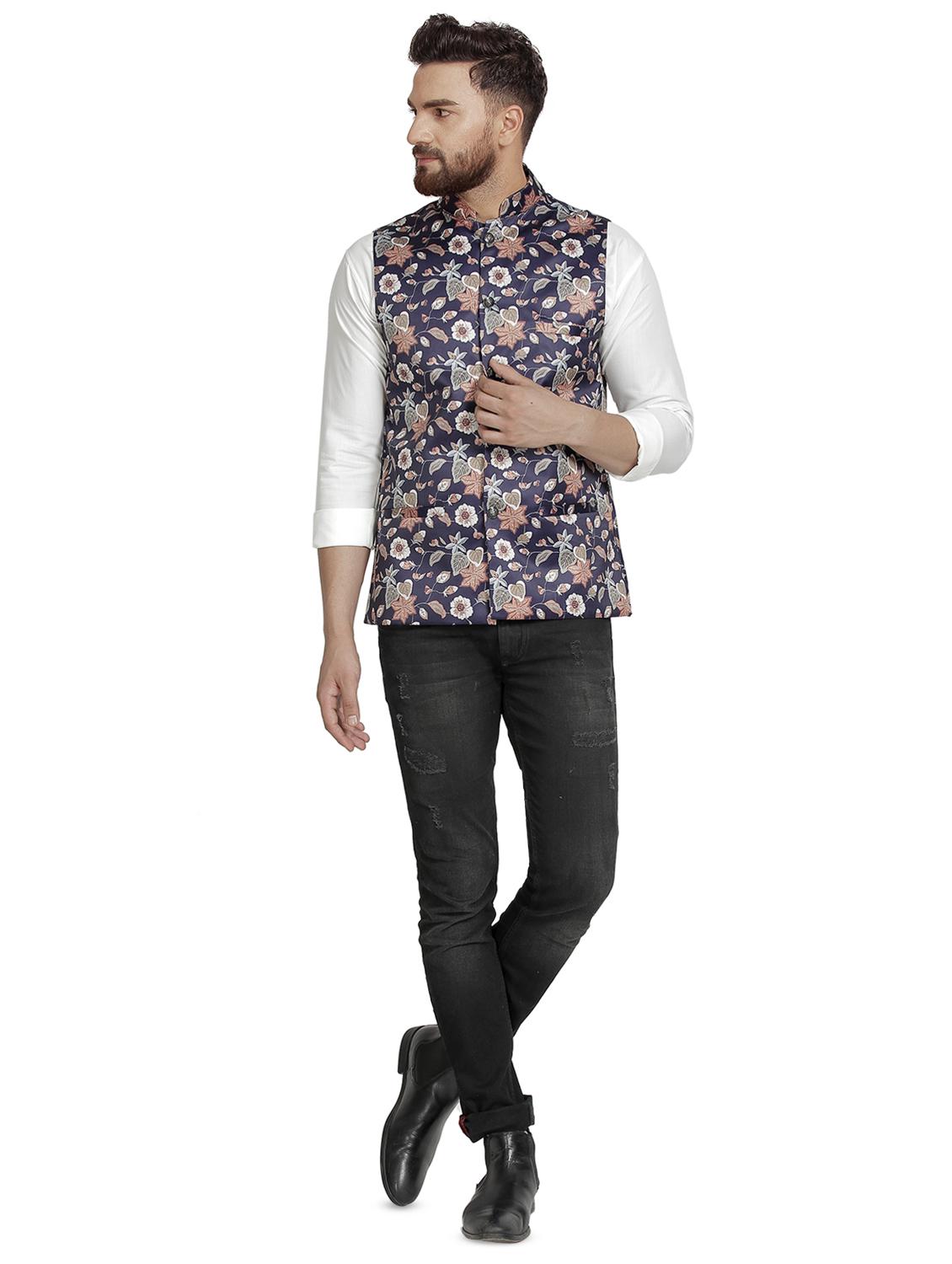 navy blue floral printed nehru jacket - 16712154 - Zoom Image - 4