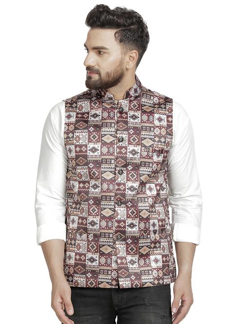 maroon printed nehru jacket - 16712155 - Standard Image - 1