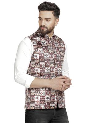 maroon printed nehru jacket - 16712155 - Standard Image - 2