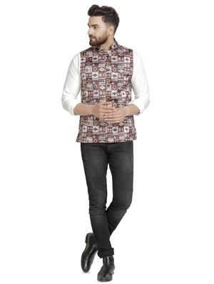maroon printed nehru jacket - 16712155 - Standard Image - 4