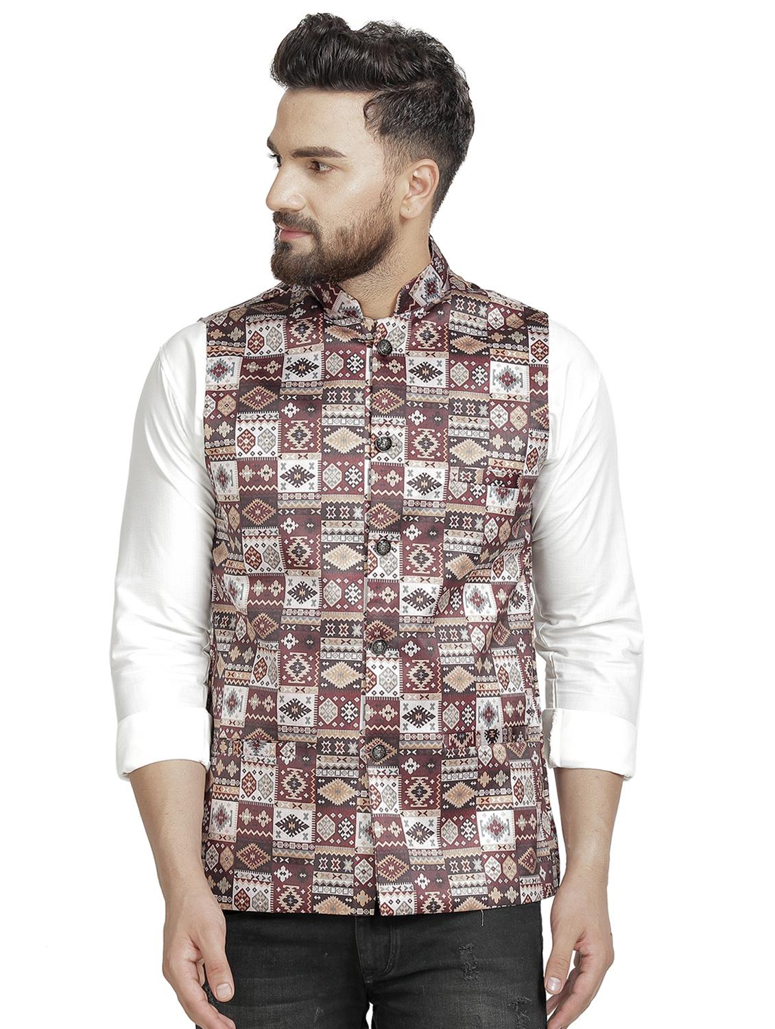 maroon printed nehru jacket - 16712155 - Zoom Image - 1