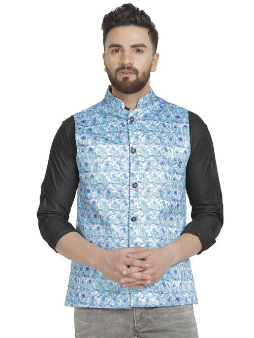 light blue printed nehru jacket - 16712166 - Standard Image - 1
