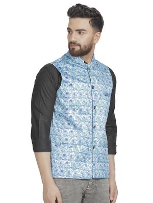 light blue printed nehru jacket - 16712166 - Standard Image - 2