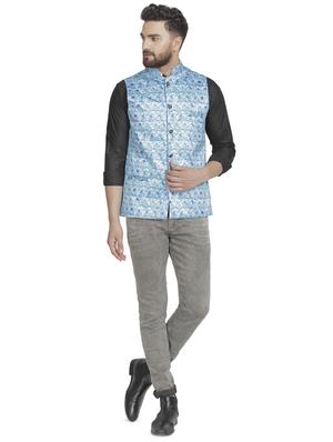 light blue printed nehru jacket - 16712166 - Standard Image - 4