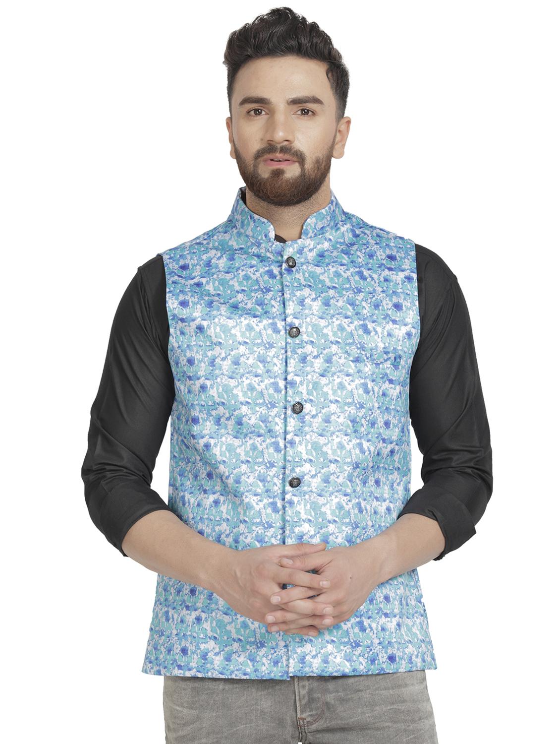 light blue printed nehru jacket - 16712166 - Zoom Image - 1
