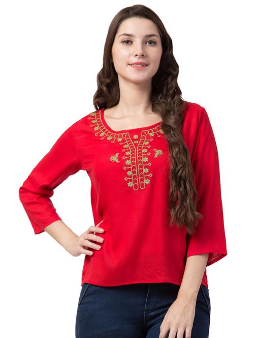 round neck embroidered detail top - 16712207 - Standard Image - 1