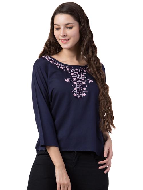 round neck embroidered detail top - 16712208 - Standard Image - 1