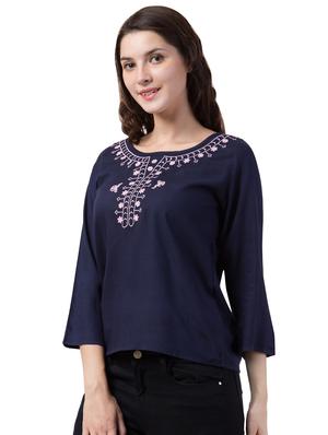 round neck embroidered detail top - 16712208 - Standard Image - 2