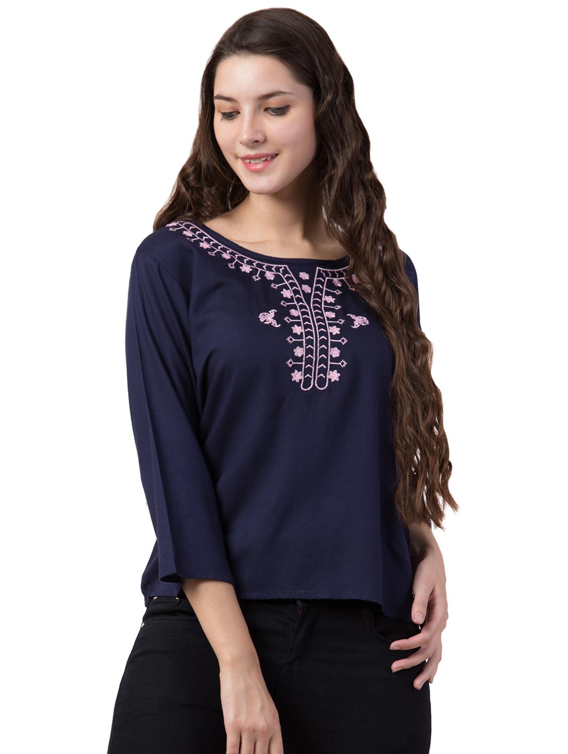 round neck embroidered detail top - 16712208 - Zoom Image - 1