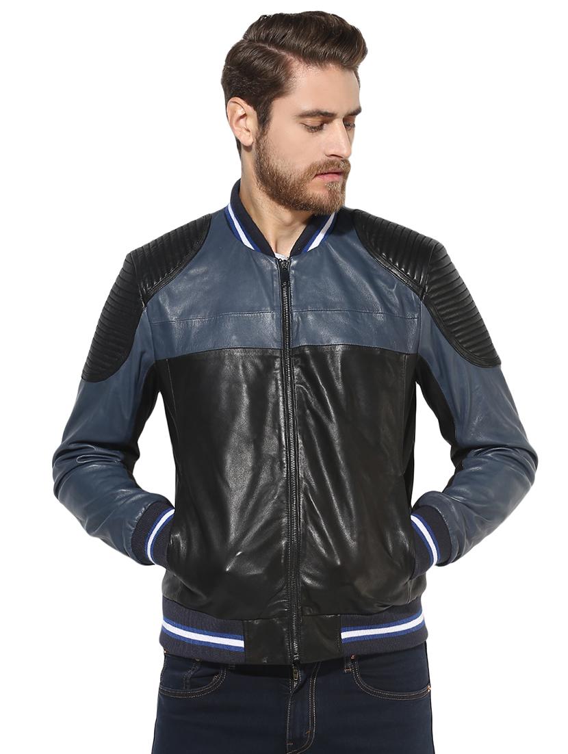 blue color block 100% lamb leather jacket - 16713630 - Zoom Image - 1