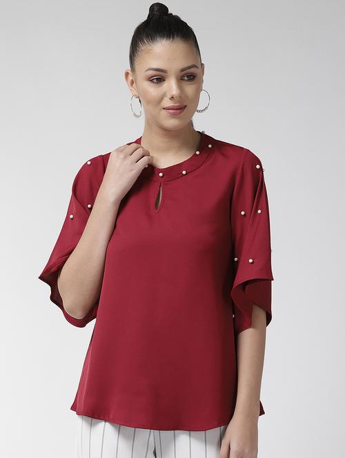 pearl embellished key hole neck top - 16713937 - Standard Image - 1