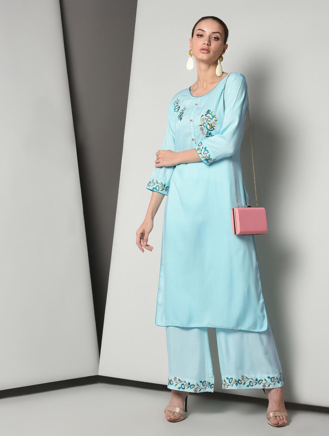 turquoise rayon kurta palazzo set - 16714195 - Zoom Image - 1