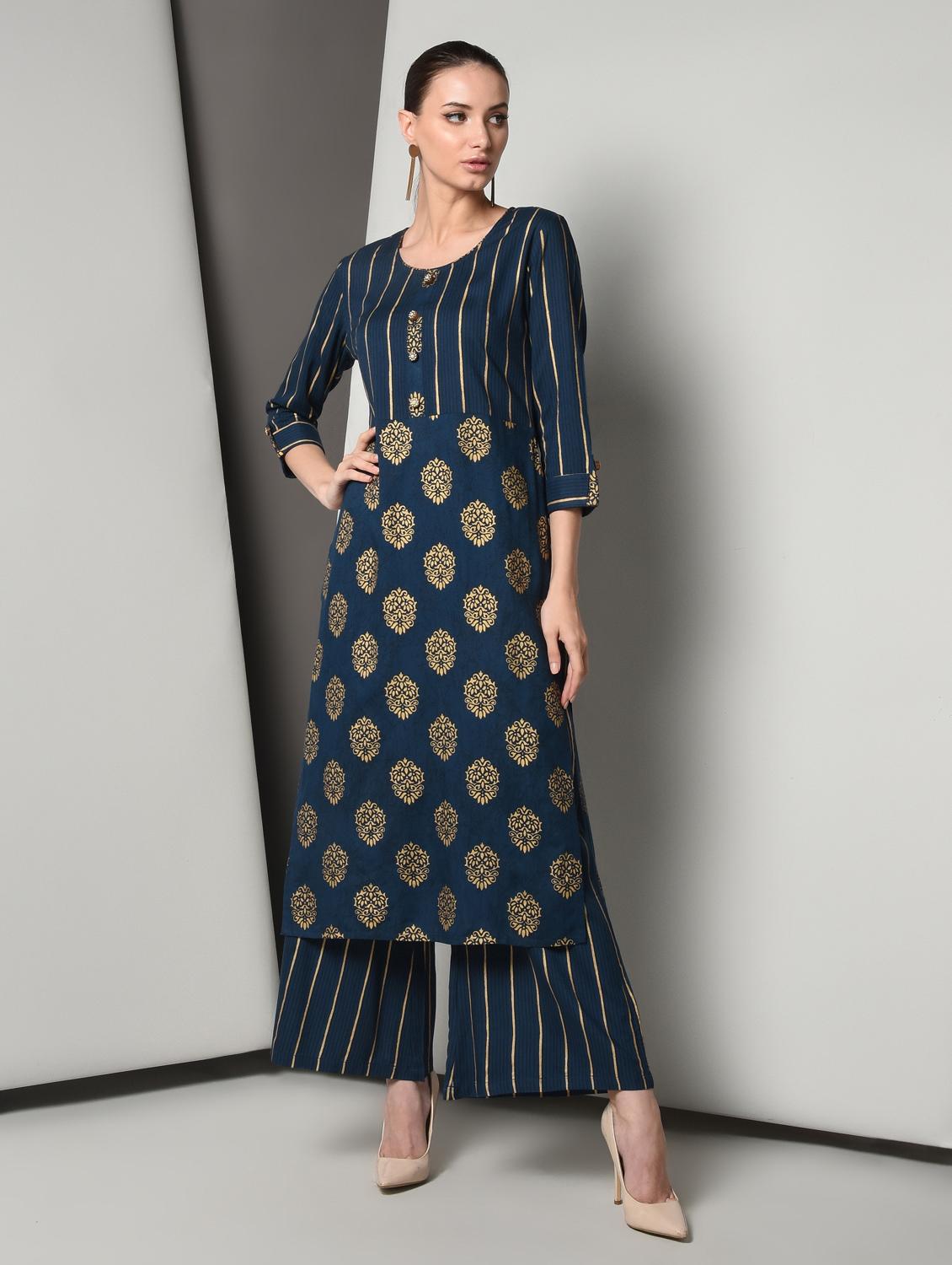 gold print kurta palazzo set - 16714196 - Zoom Image - 1