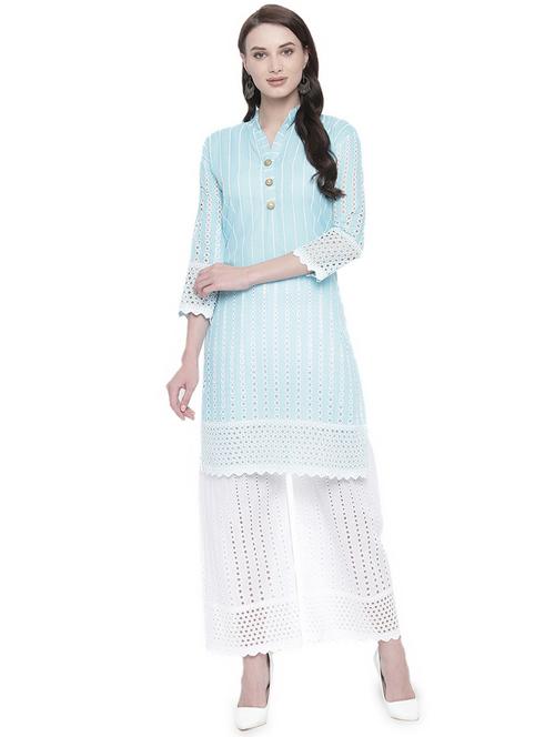 turquoise cotton kurta palazzo set - 16717199 - Standard Image - 1