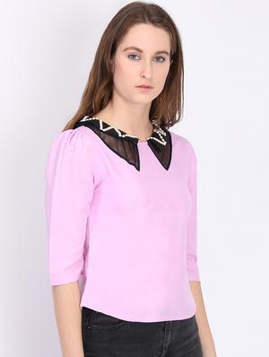 pearl embellished shirt collar top - 16718587 - Standard Image - 2