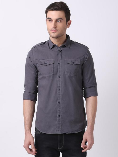 grey solid casual shirt - 16718738 - Standard Image - 1