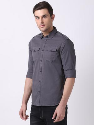 grey solid casual shirt - 16718738 - Standard Image - 2