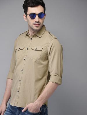 beige solid casual shirt - 16718764 - Standard Image - 2