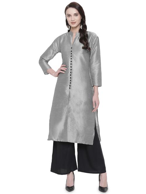 silver silk straight kurta - 16718828 - Standard Image - 1