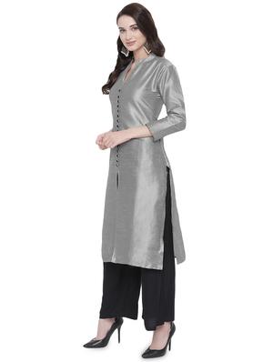 silver silk straight kurta - 16718828 - Standard Image - 2