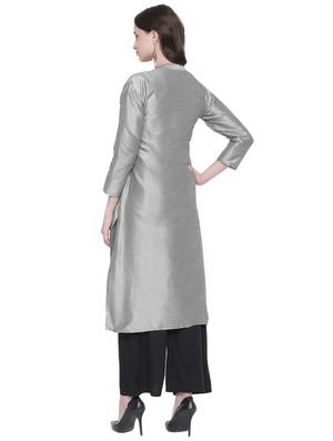 silver silk straight kurta - 16718828 - Standard Image - 3