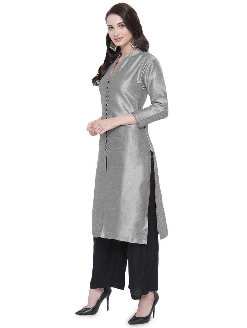 silver silk straight kurta - 16718828 - Zoom Image - 2