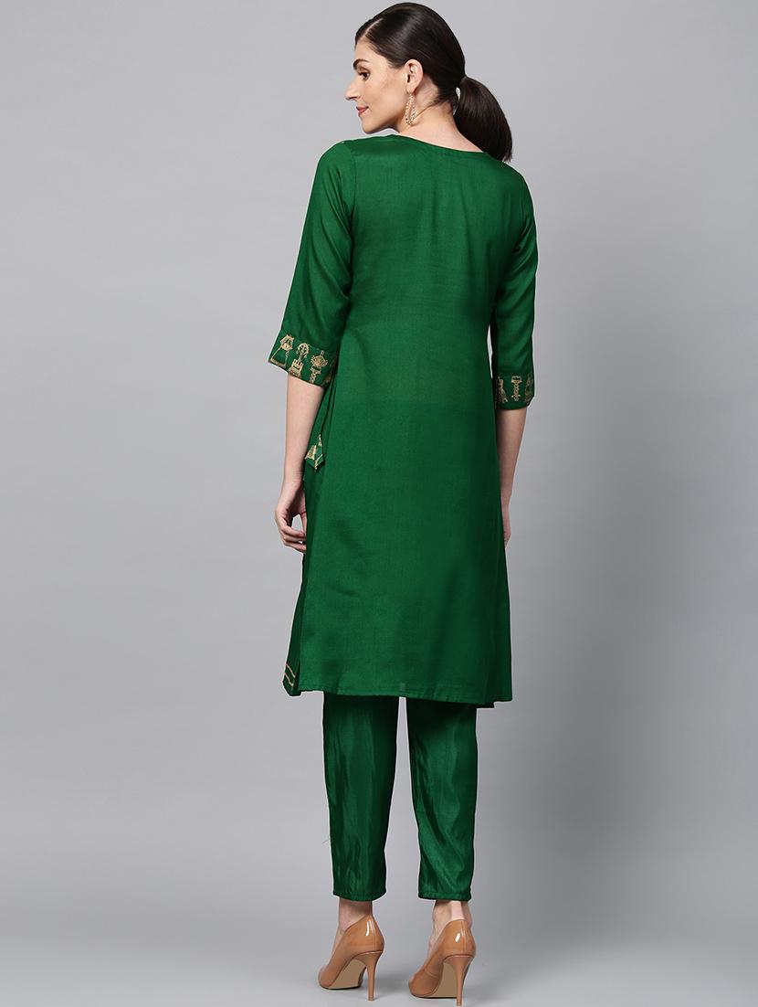 bottle green kurta pant set - 16720586 - Zoom Image - 3