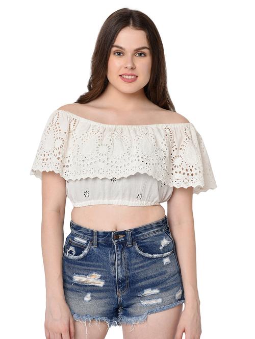 off shoulder schiffli crop top - 16720606 - Standard Image - 1