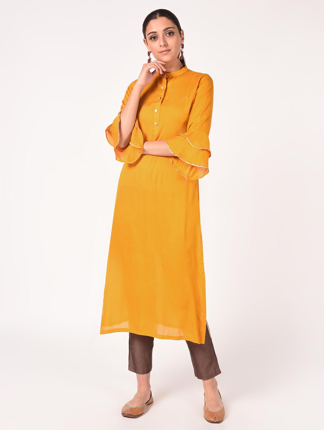 bell sleeves solid straight kurta - 16721197 - Zoom Image - 2