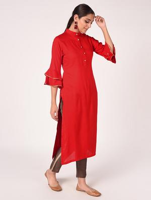 bell sleeves solid straight kurta - 16721198 - Standard Image - 3