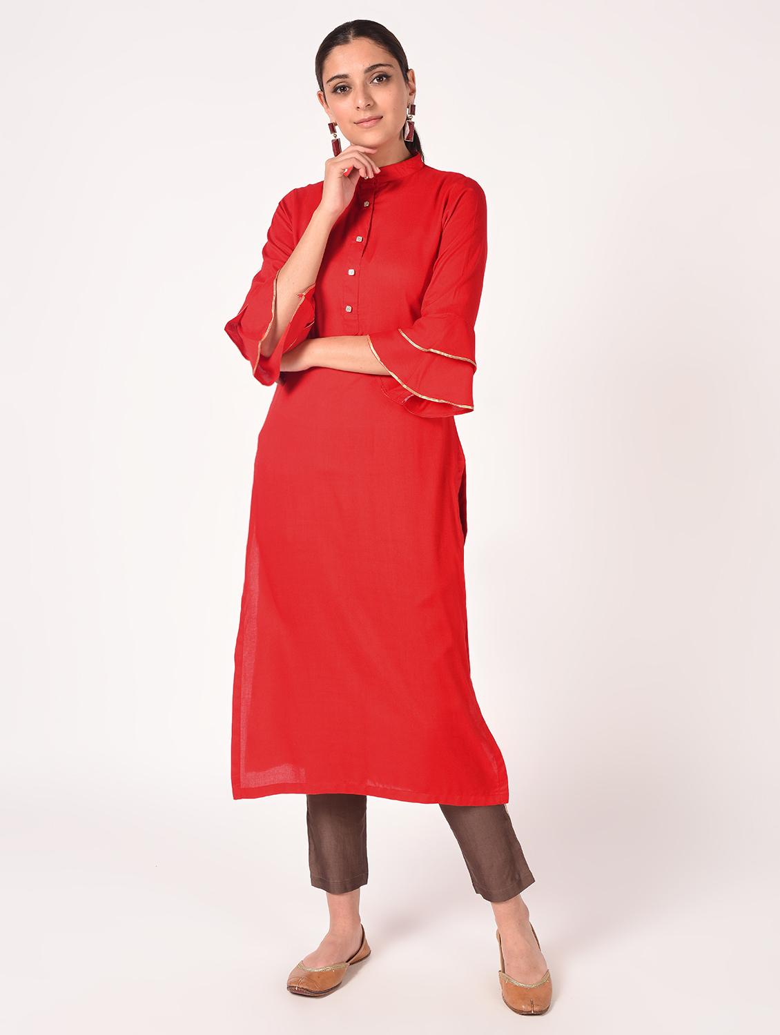 bell sleeves solid straight kurta - 16721198 - Zoom Image - 2