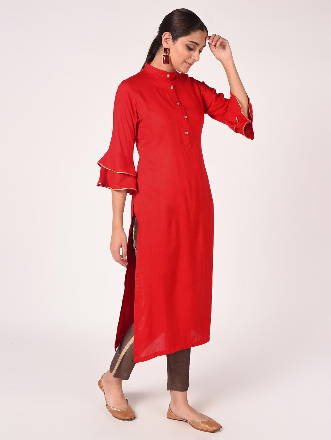 bell sleeves solid straight kurta - 16721198 - Zoom Image - 3