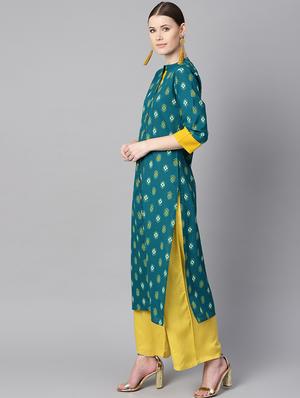 teal printed straight kurta - 16723247 - Standard Image - 2