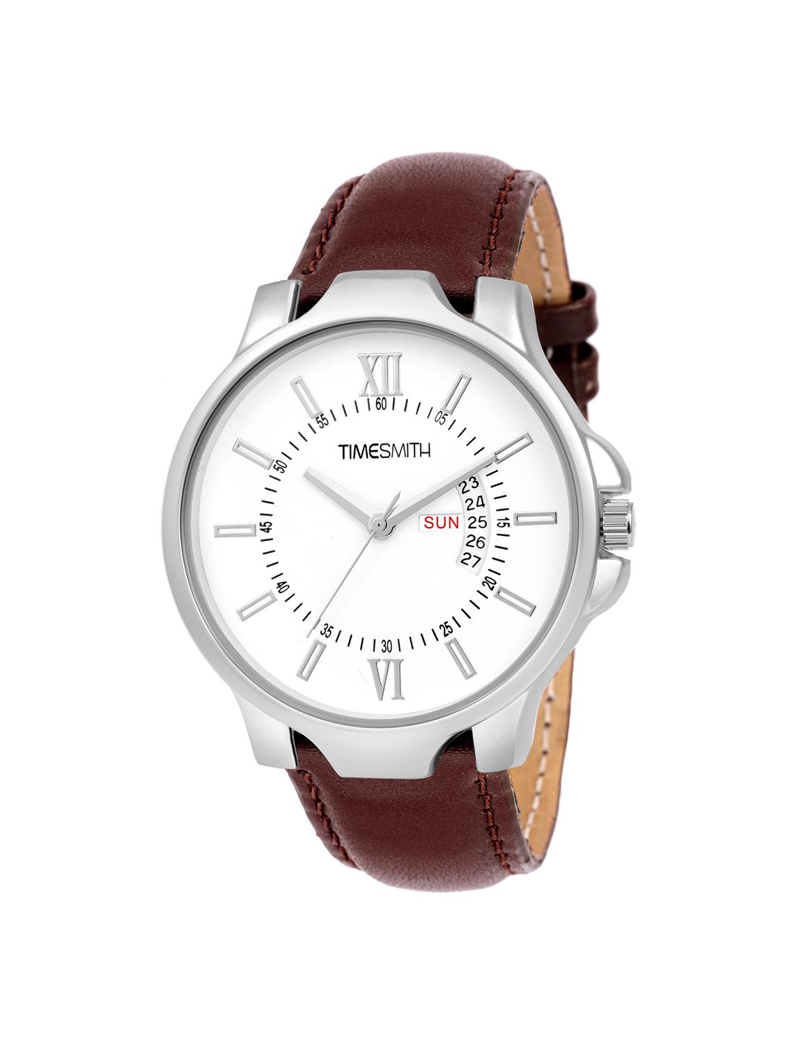 timesmith premium analog white dial brown leather watch for men tsc-072ktd1 - 16725190 - Zoom Image - 1