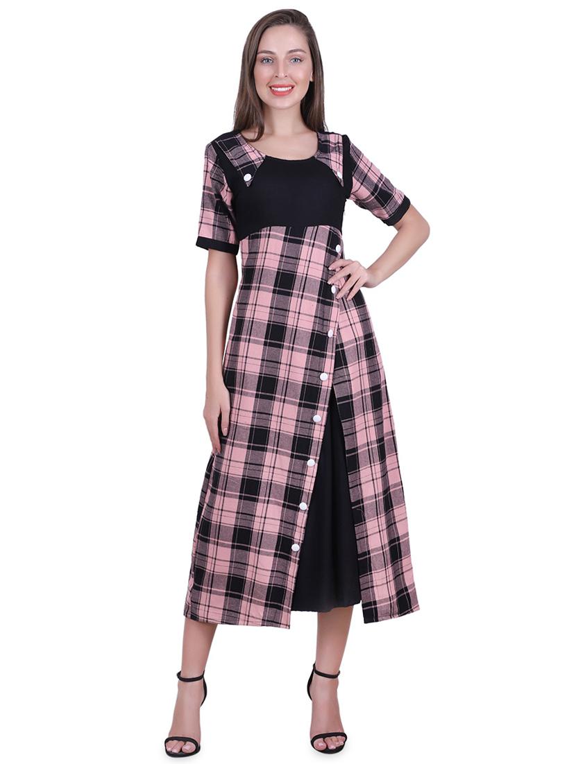 round neck checkered a-line dress - 16726886 - Zoom Image - 1