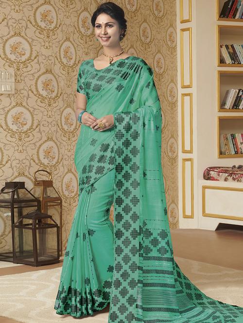 turquoise linen printed saree with blouse - 16728302 - Standard Image - 1