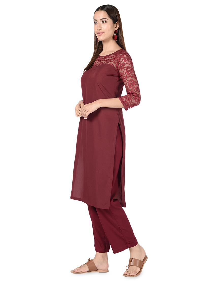 net yoke solid straight kurta - 16728758 - Zoom Image - 2