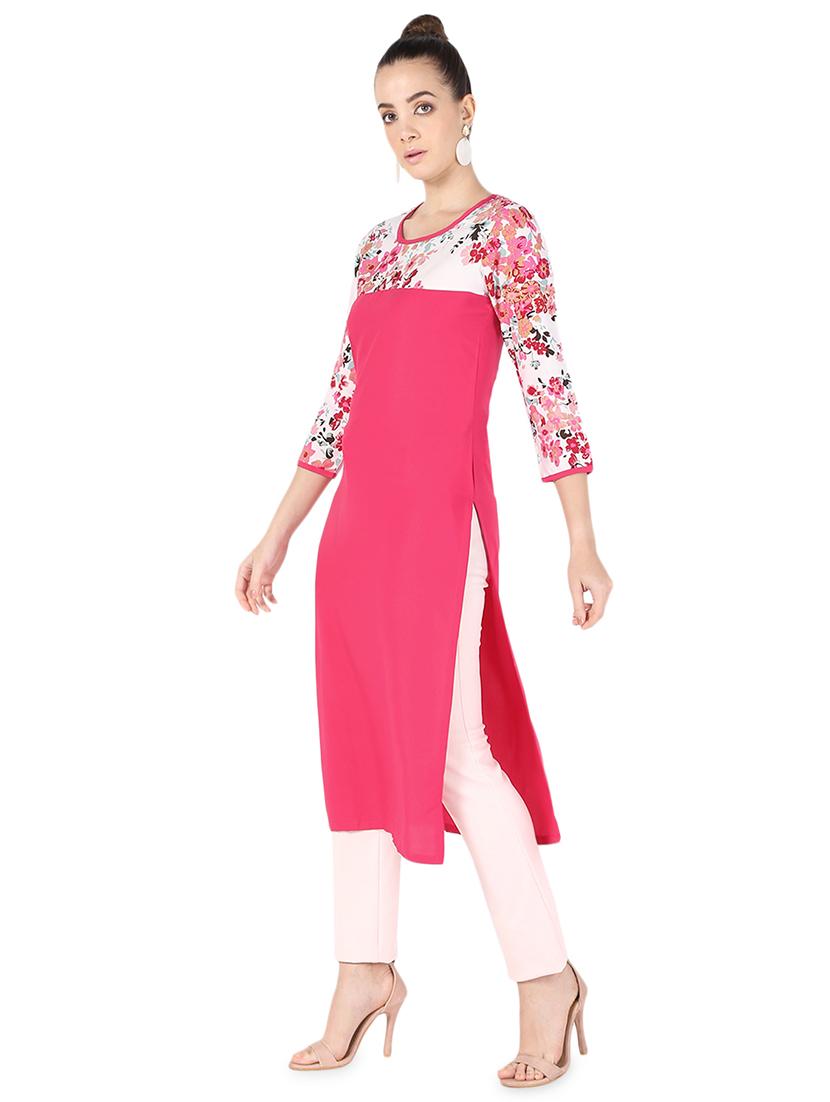 floral printed contrast straight kurta - 16728766 - Zoom Image - 2