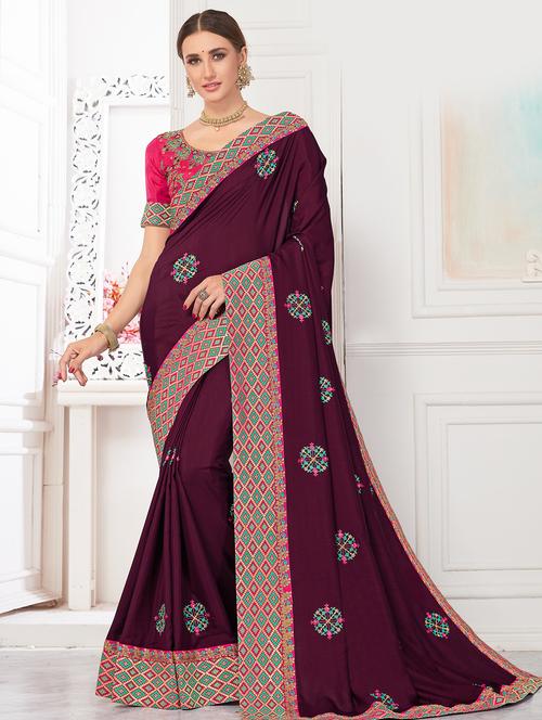 embroidered bordered saree with blouse - 16730171 - Standard Image - 1