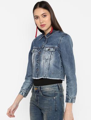 frayed hem denim jacket - 16734550 - Standard Image - 2