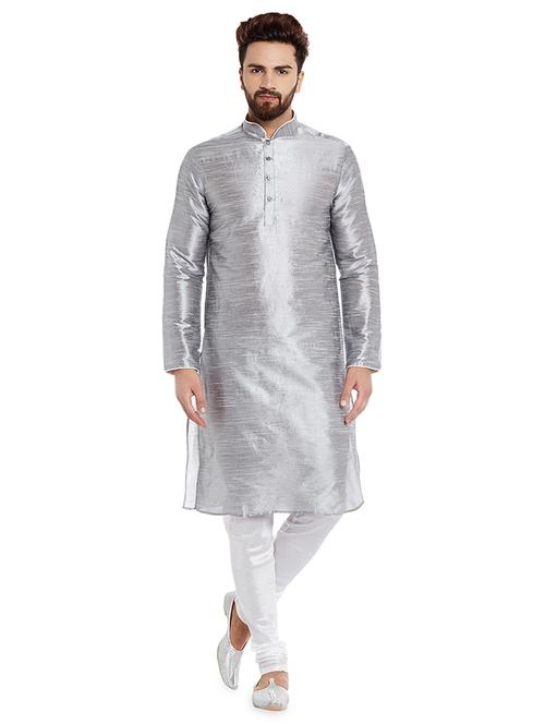 silver solid kurta pyjama set - 16735238 - Standard Image - 1