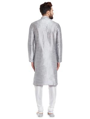 silver solid kurta pyjama set - 16735238 - Standard Image - 3