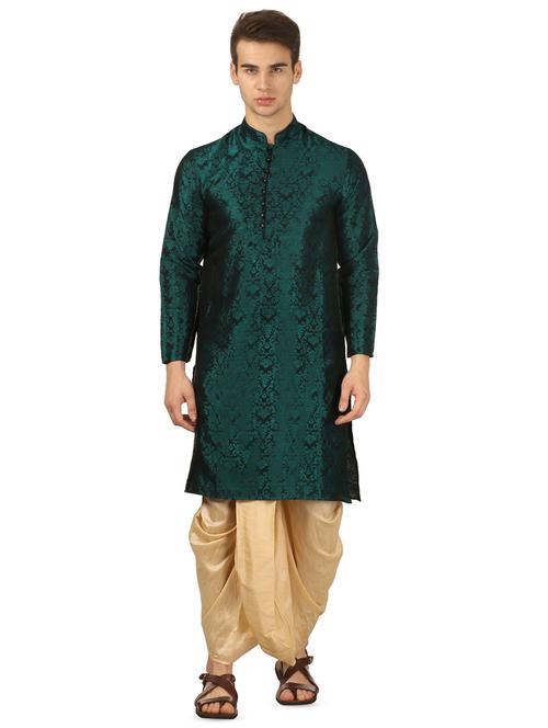 green pure silk jacquard dhoti kurta set - 16735446 - Standard Image - 1