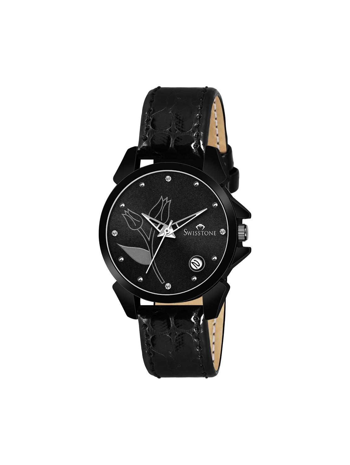 swisstone sw-l255-blk black leather strap analog wrist watch for women - 16736174 - Zoom Image - 1