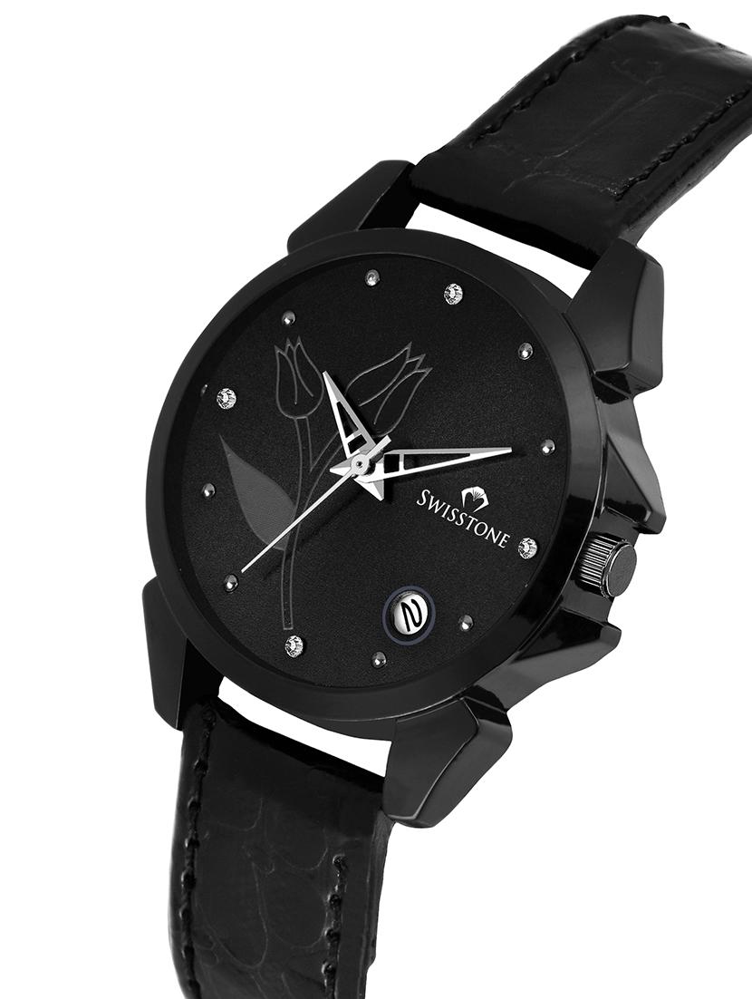 swisstone sw-l255-blk black leather strap analog wrist watch for women - 16736174 - Zoom Image - 2